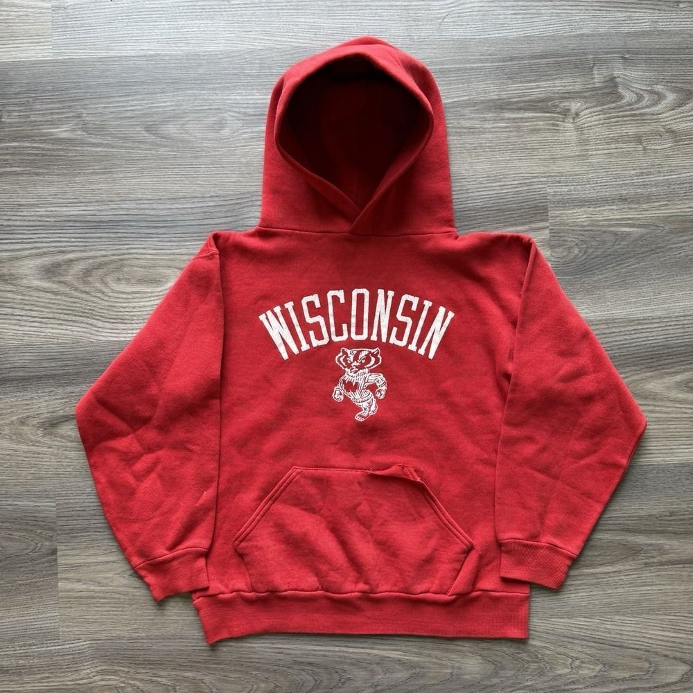VTG 80s Russell Athletic Wisconsin Badgers Hoodie Sweatshirt Large Youth Red